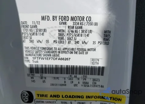 2013 Ford F-150 Xlt из США, поврежденный, VIN 1FTFW1EF7DFA66267